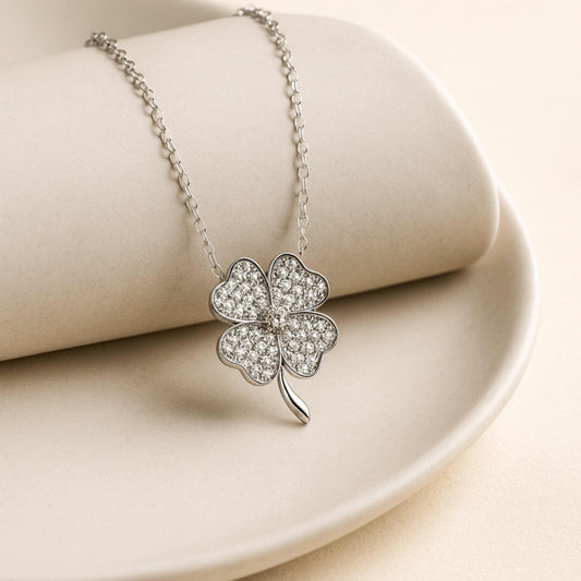 925 Sterling Silver Rhodium Plated Four Leaf Clover Pendant Necklace with Cubic Zirconia