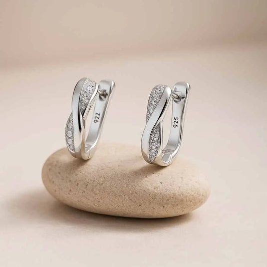 925 Sterling Silver Rhodium Plated Twist Hoop Earrings with CZ Stones