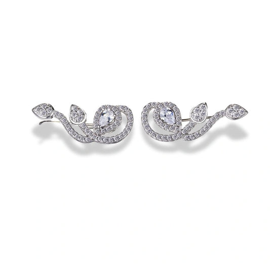 925 Sterling Silver Vine Ear Climber Earrings|Rhodium Plated with Cubic Zirconia