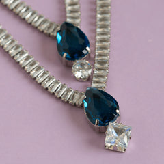 Fancy Double Layer Silver Plated Blue And Clear Diamond Necklace Set With Earrings