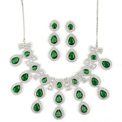 Silver Plated Emerald American Drop Diamond Necklace Set with Earrings