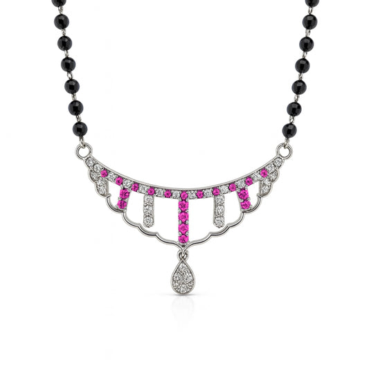 925 Sterling Silver Rhodium Plated Pink & White Cubic Zirconia Designer Mangalsutra for Women