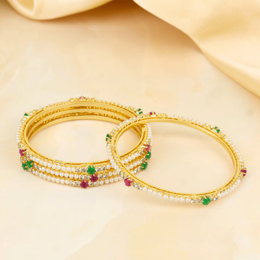 Beautiful Design Gold Plated Green & Red Moti Maharashtrian Bangles