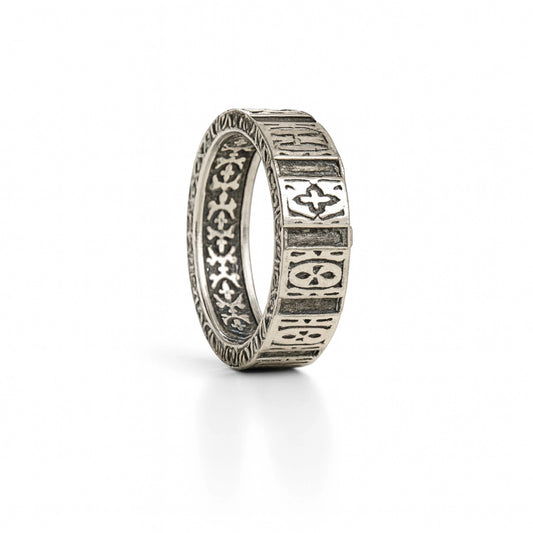 925 Sterling Silver Men’s Ring | Rhodium Plated Vintage Tribal Pattern Band