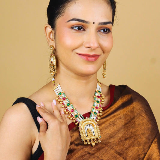 White Bids Gold Plated Necklace With Laxmimata Design - Rukhmani