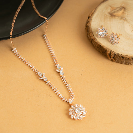 Traditional Rose Gold Plated American Diamond Necklace Set With Earrings