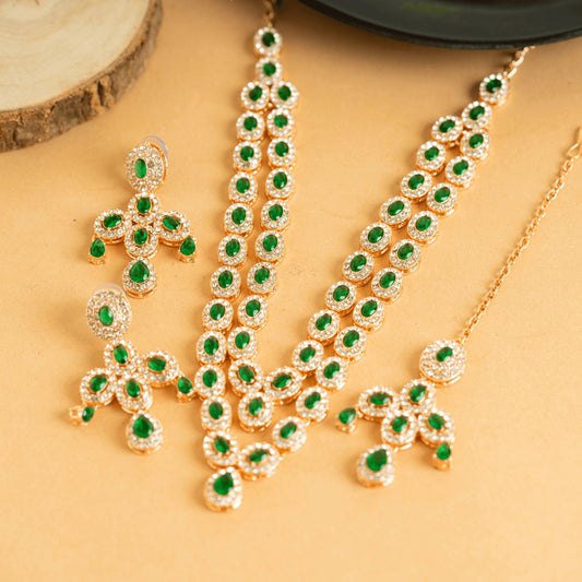 American Green Diamond Fancy Designer Beautiful Necklace Set with Earrings and Bindi - Rukhmani
