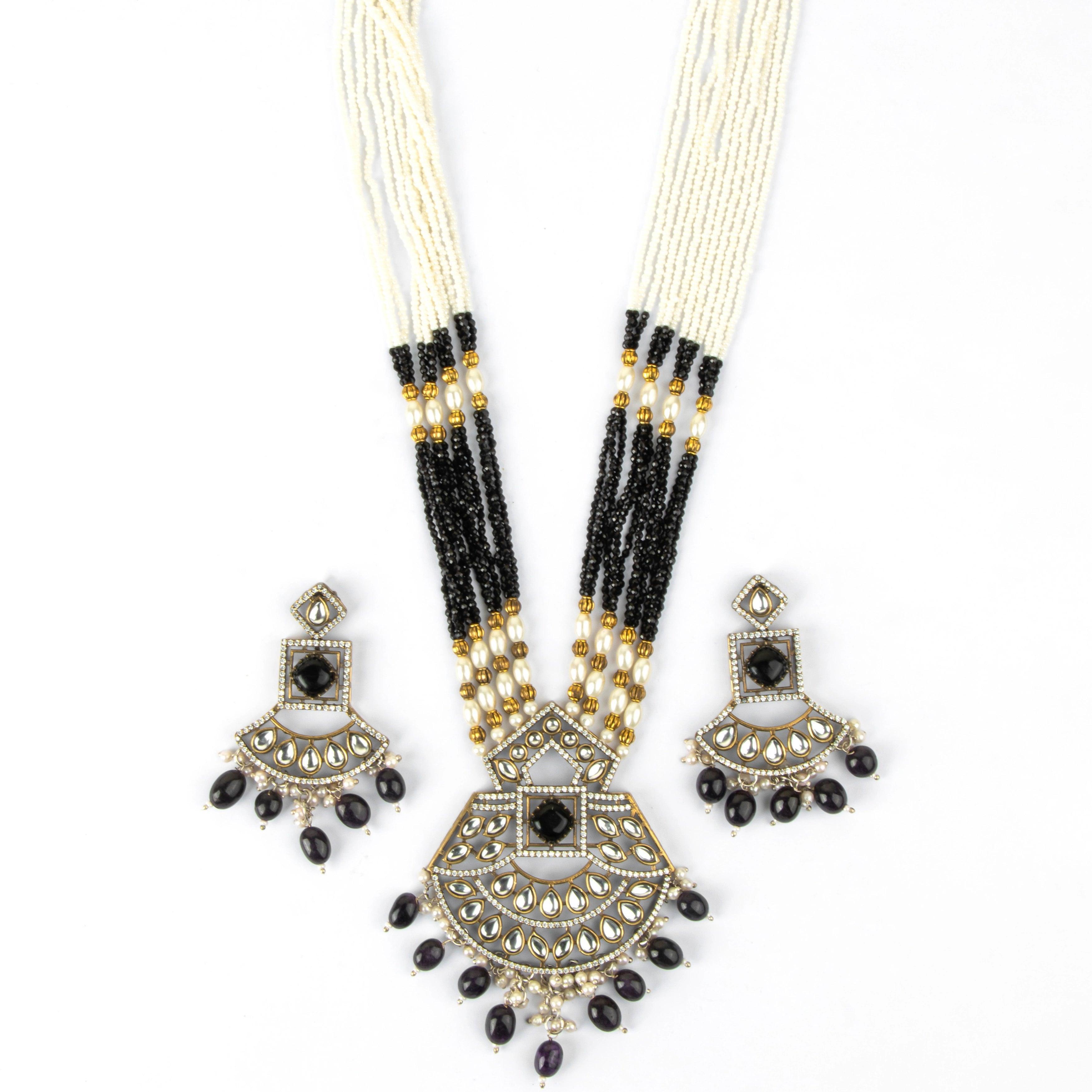 Black Beaded Kundan Necklace With Earrings - Rukhmani