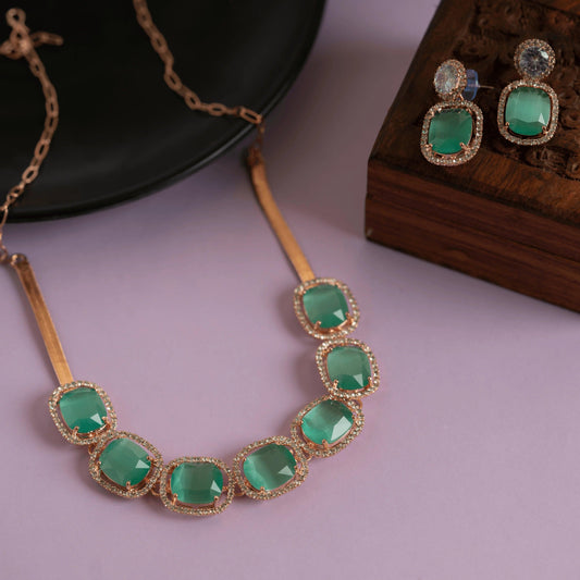 Sea green diamond studded designer necklace set - Rukhmani