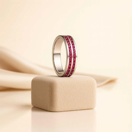 925 Sterling Silver Men’s Ring with Double Row Red Stones | Rhodium Plated Channel Band