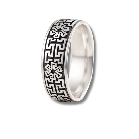 925 Sterling Silver Men’s Ring | Rhodium Plated Geometric Pattern Band