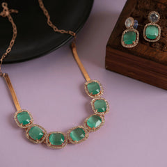 Sea green diamond studded designer necklace set - Rukhmani
