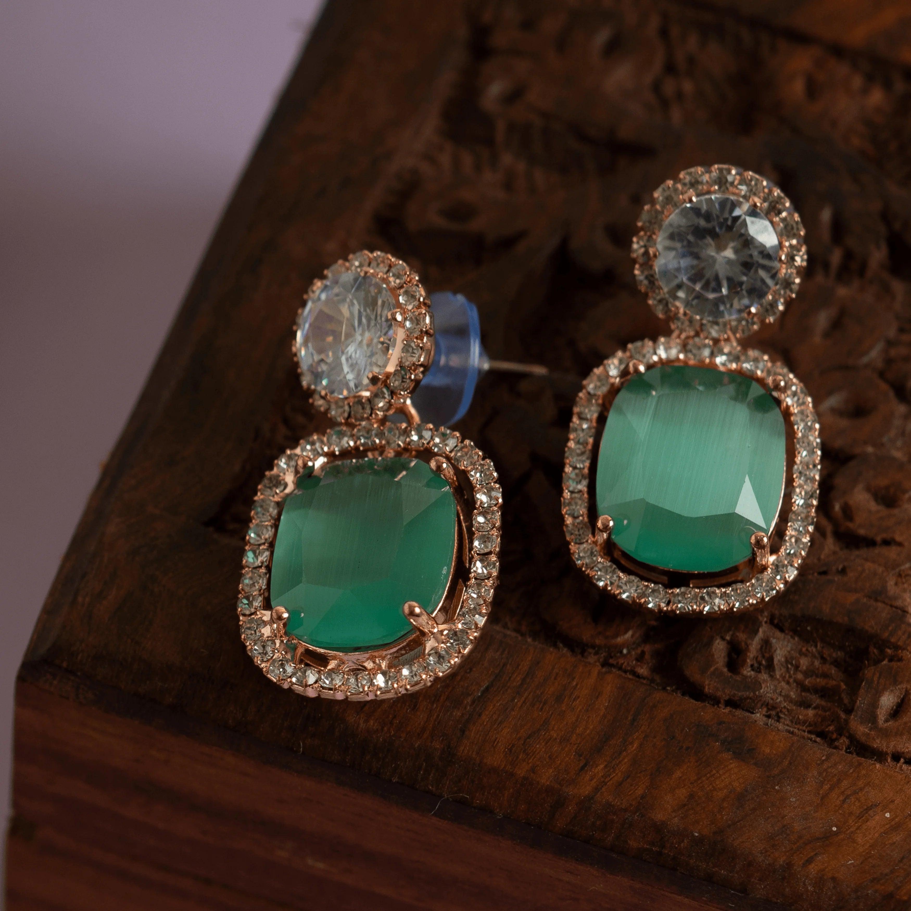 Sea green diamond studded designer necklace set - Rukhmani