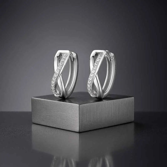 925 Sterling Silver Rhodium Plated Crossover Hoop Earrings with CZ Stones