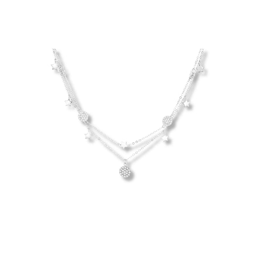925 Sterling Silver Rhodium Plated Layered Star and Ball Pendant Necklace with Cubic Zirconia