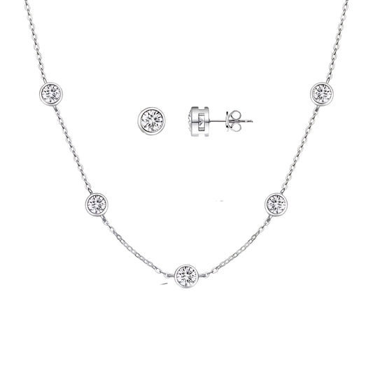 925 Sterling Silver Stacked Round Zircon Necklace & Earrings Set