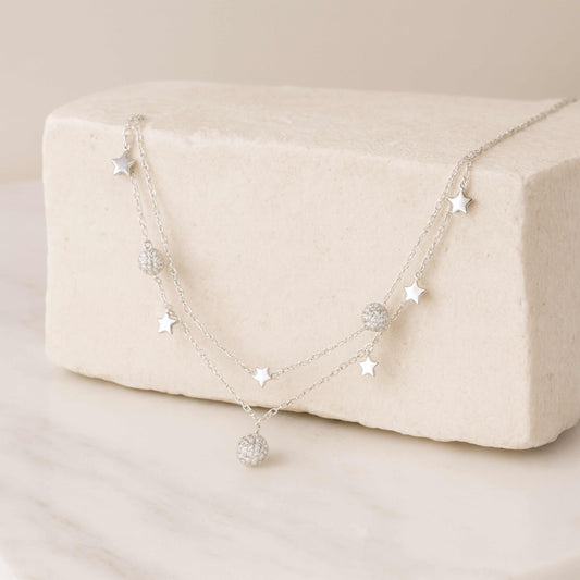 925 Sterling Silver Rhodium Plated Layered Star and Ball Pendant Necklace with Cubic Zirconia