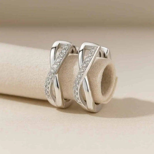 925 Sterling Silver Rhodium Plated Crossover Hoop Earrings with CZ Stones