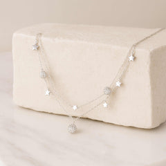 925 Sterling Silver Rhodium Plated Layered Star and Ball Pendant Necklace with Cubic Zirconia