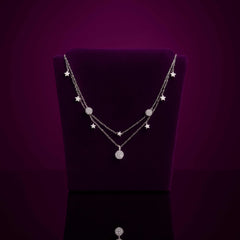 925 Sterling Silver Rhodium Plated Layered Star and Ball Pendant Necklace with Cubic Zirconia