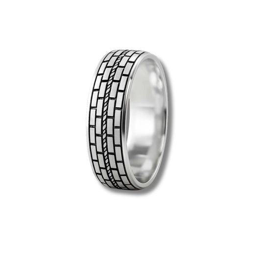 925 Sterling Silver Men’s Ring | Rhodium Plated Brick Pattern Band