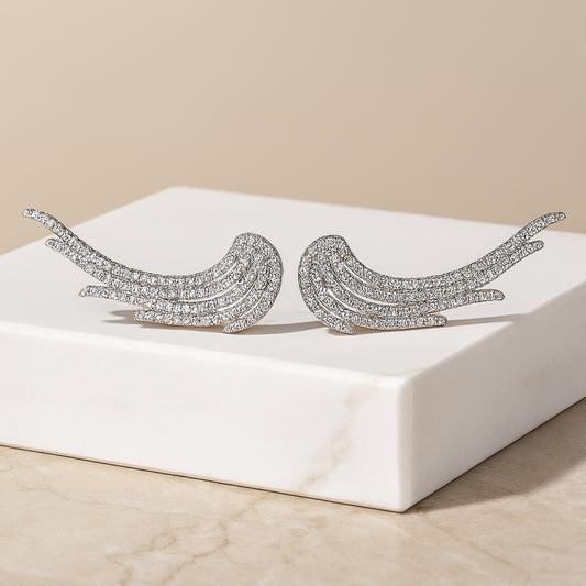 925 Sterling Silver Rhodium Plated Wing Design Ear Cuffs with Cubic Zirconia