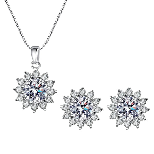 Bright S925 Sterling Silver Round Cubic Zirconia Necklace & Earrings Set