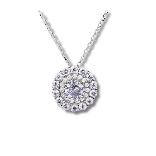 925 Sterling Silver Rhodium Plated Round Halo Pendant Necklace with Cubic Zirconia