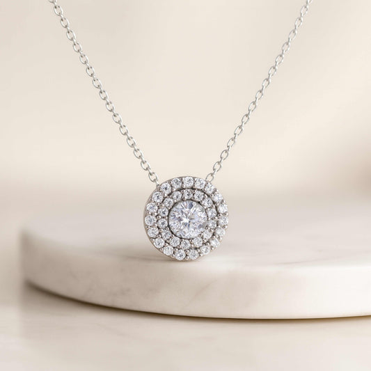 925 Sterling Silver Rhodium Plated Round Halo Pendant Necklace with Cubic Zirconia