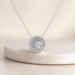 925 Sterling Silver Rhodium Plated Round Halo Pendant Necklace with Cubic Zirconia