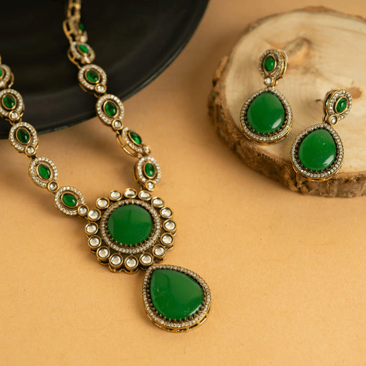 Gold Plated Fancy Green Kundan Beautiful Jaipuri Necklace Set With Earrings - Rukhmani