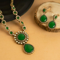 Gold Plated Fancy Green Kundan Beautiful Jaipuri Necklace Set With Earrings - Rukhmani