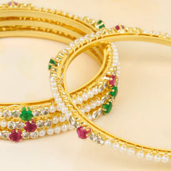 Beautiful Design Gold Plated Green & Red Moti Maharashtrian Bangles