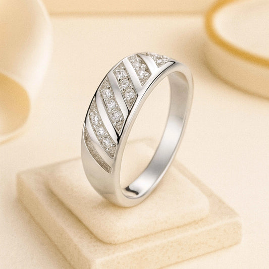 925 Sterling Silver Diagonal Stripe CZ Ring – Elegant White Sparkle