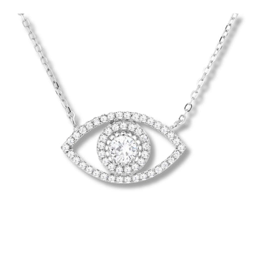 925 Sterling Silver Rhodium Plated Evil Eye Pendant Necklace with Cubic Zirconia