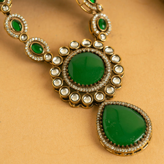 Gold Plated Fancy Green Kundan Beautiful Jaipuri Necklace Set With Earrings - Rukhmani