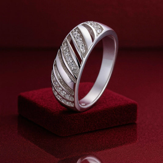 925 Sterling Silver Diagonal Stripe CZ Ring – Elegant White Sparkle