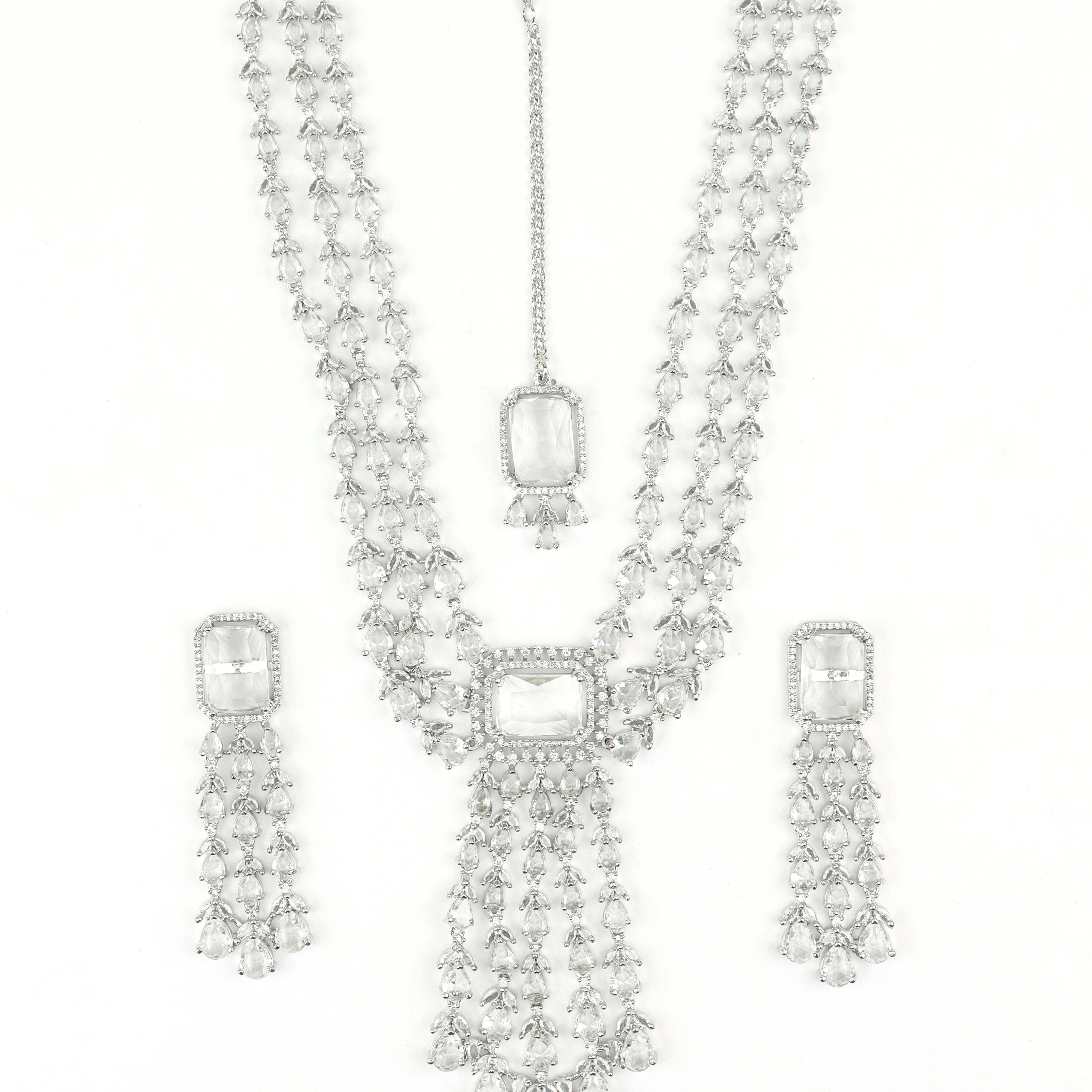Dazzle Drape American Diamond Layered Necklace With Earrings and Bindi - Rukhmani