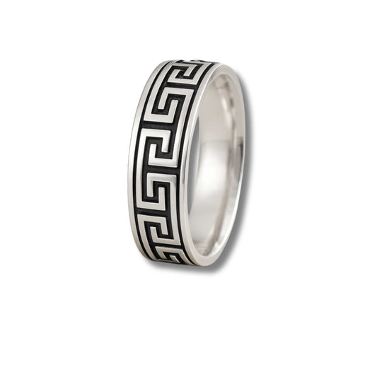 925 Sterling Silver Men’s Ring | Rhodium Plated Greek Key Design Band