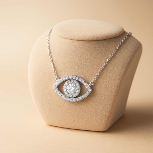 925 Sterling Silver Rhodium Plated Evil Eye Pendant Necklace with Cubic Zirconia