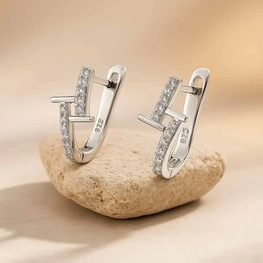 925 Sterling Silver Rhodium Plated Geometric CZ Hoop Earrings for Women