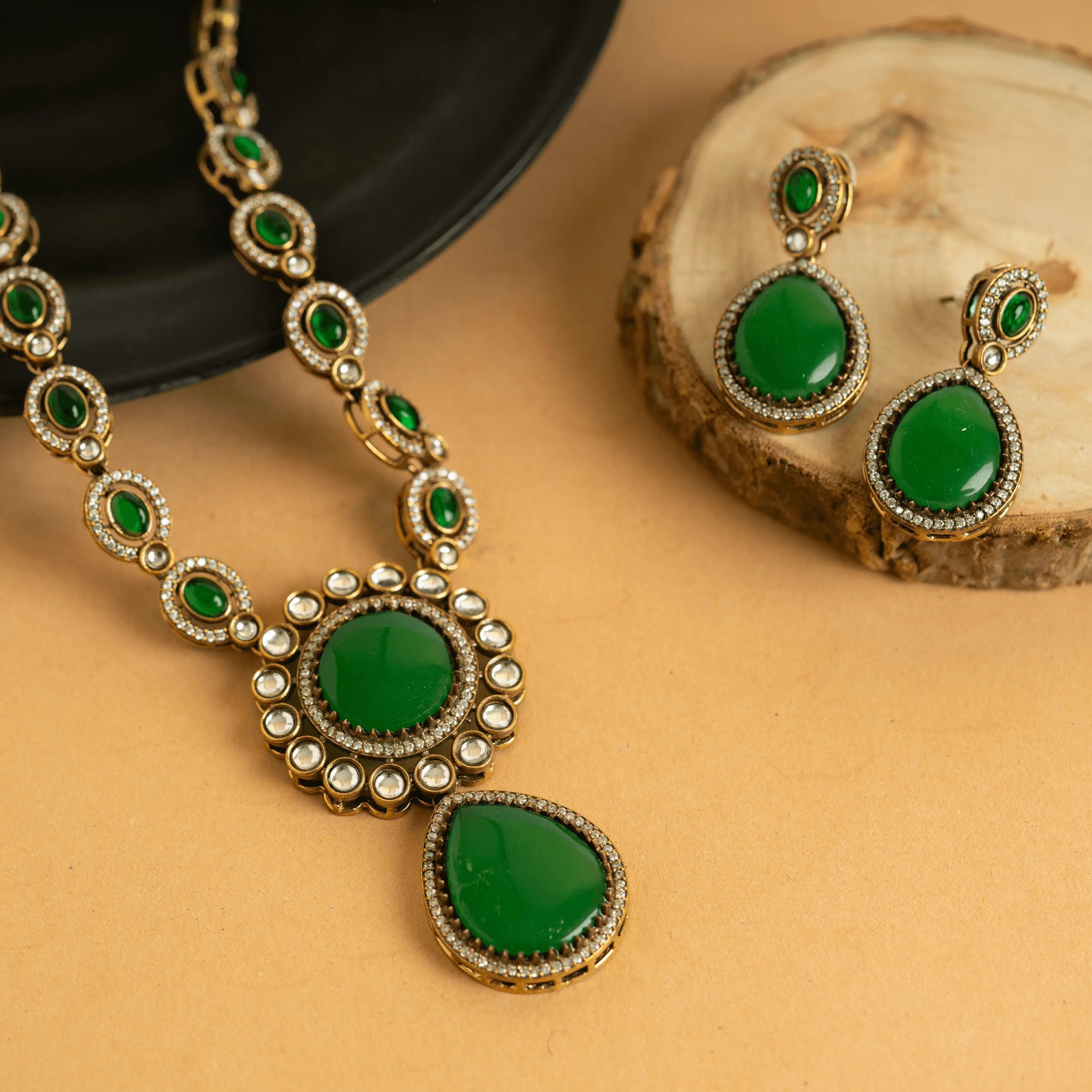 Gold Plated Fancy Green Kundan Beautiful Jaipuri Necklace Set With Earrings - Rukhmani
