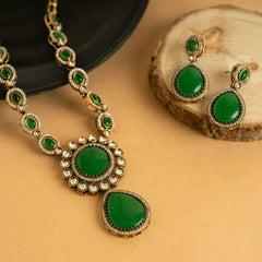 Gold Plated Fancy Green Kundan Beautiful Jaipuri Necklace Set With Earrings - Rukhmani