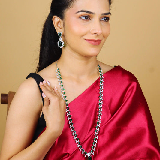Classic Emeraled American Diamond Necklace Set With Earrings - Rukhmani