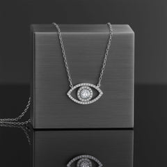 925 Sterling Silver Rhodium Plated Evil Eye Pendant Necklace with Cubic Zirconia
