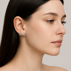 925 Sterling Silver Rhodium Plated Bow Design Ear Cuffs with Cubic Zirconia