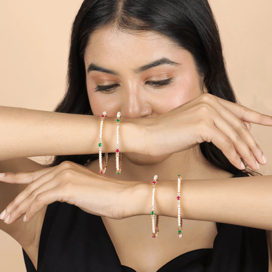 Beautiful Design Gold Plated Green & Red Moti Maharashtrian Bangles