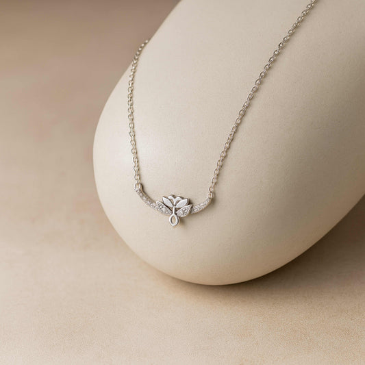 925 Sterling Silver Rhodium Plated Floral Necklace with Cubic Zirconia
