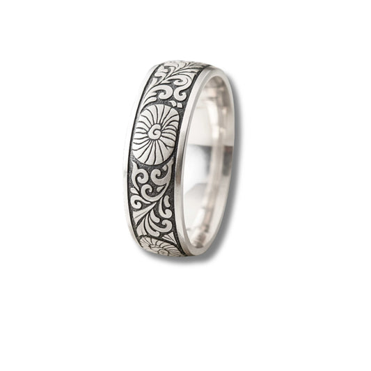 925 Sterling Silver Men’s Ring | Rhodium Plated Floral Engraved Band