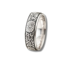 925 Sterling Silver Men’s Ring | Rhodium Plated Floral Engraved Band